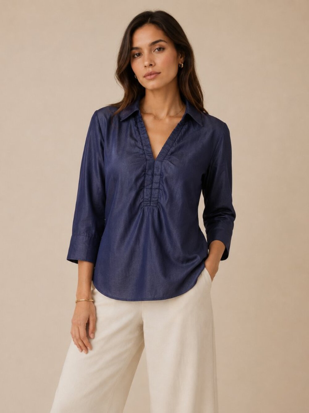 NWT Rayon Denim Sheen Ruffle Blouse